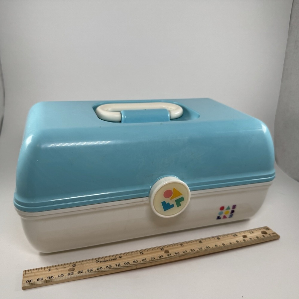Vintage Caboodles Makeup Case Blue White 90s Cosmetic Organizer Mirror Latch Box